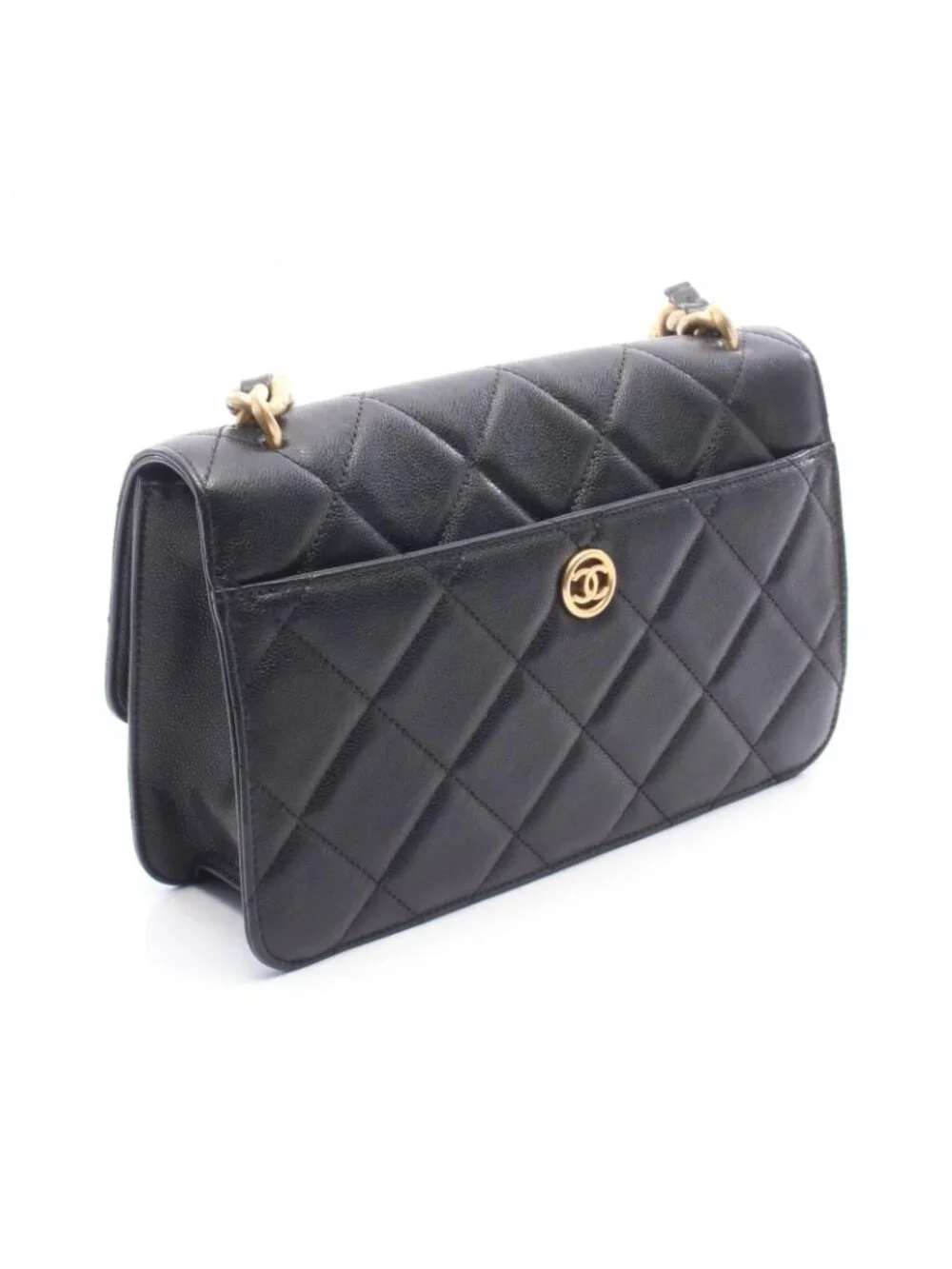 Chanel Shoulder Bag Quilted Black Caviar Leather Flap Chain